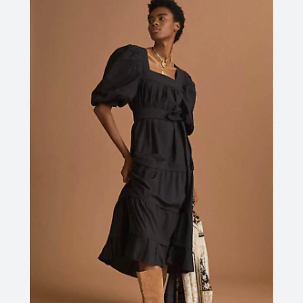 Anthropologie Tiered Black Belted Maxi Dress